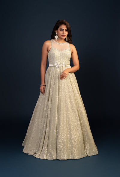 Evermore Shimmer Pista Green Sequined Gown