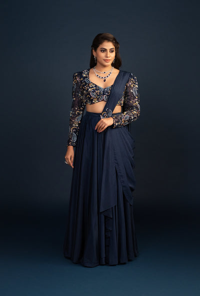 Qala Navy Blue Pre Draped Saree