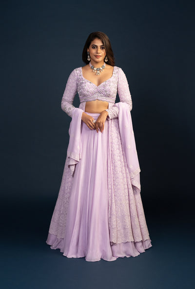 Dahlia Lilac Chikankari Thread Work Lehenga Set