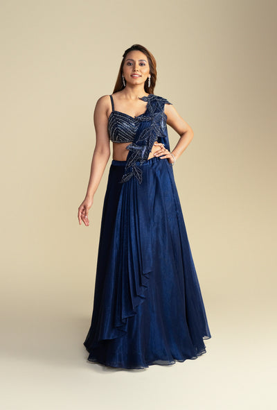 Azura Navy Blue Lehenga with Attached Aplique Dupatta Set