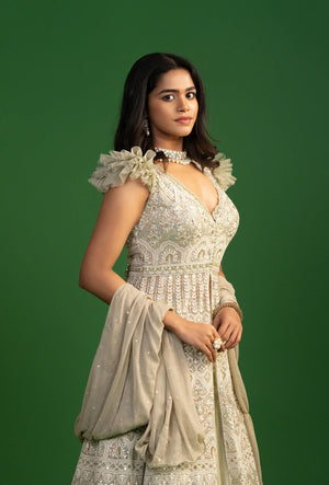 Imperial Moss Green Sheer Embroidered Front Slit Jacket Lehenga Set