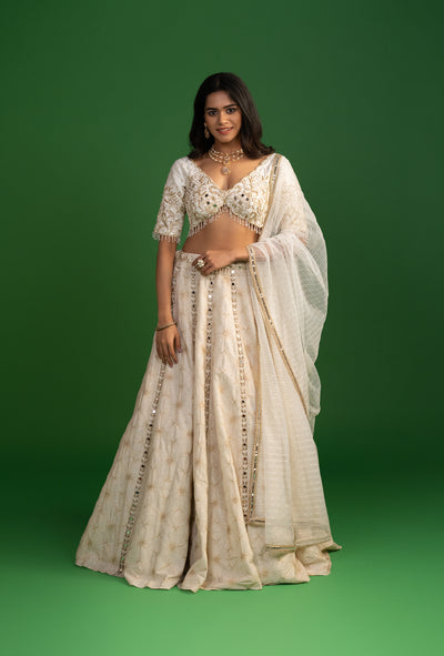 Astral Ivory Mirror Work Plunging Neck Lehenga Set