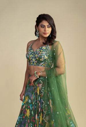 Amber Green Digitally Printed Tie-up Choli Lehenga Set
