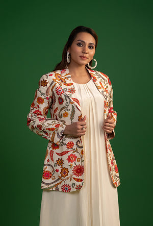 Floral Blazer Jacket & White Kurta Set