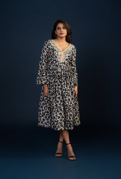 Black Floral Print Midi Dress