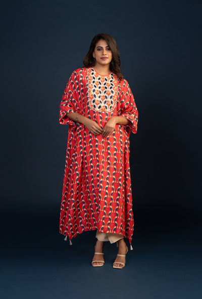 Rose Red Digital Print Kaftaan & Pant Set