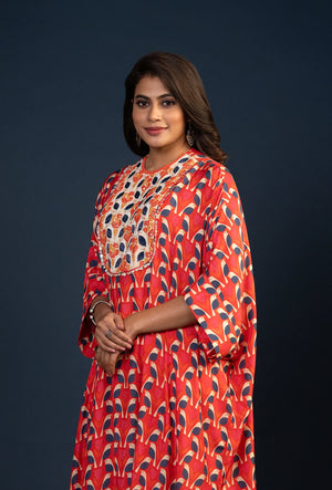 Rose Red Digital Print Kaftaan & Pant Set