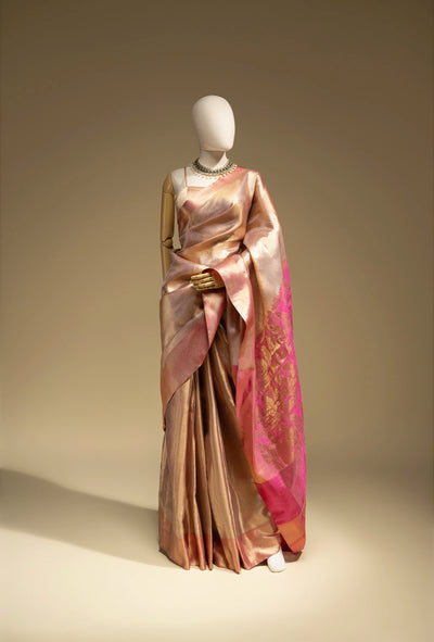 Tissue Silk Saree In Metallic Pink With Zari Weaving