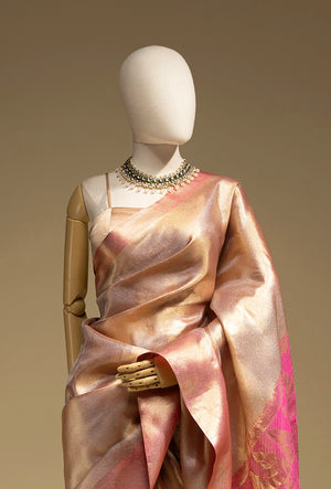 Tissue Silk Saree In Metallic Pink With Zari Weaving