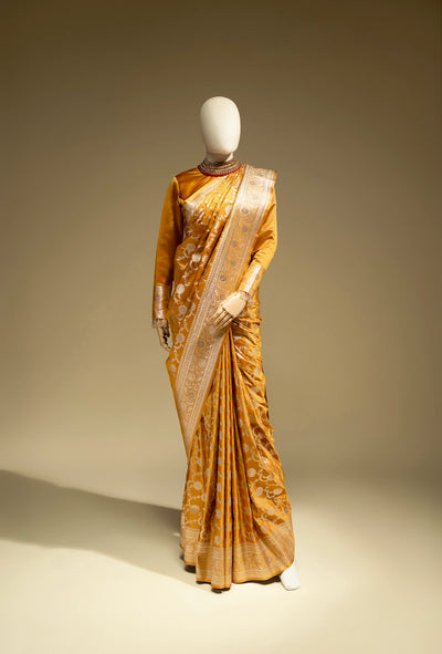 Pure Mashru Silk Saree In Marigold Yellow With Jaal Work