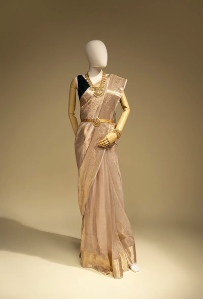 Pure Shimmer Tissue Saree In Golden For Luxe Occasions